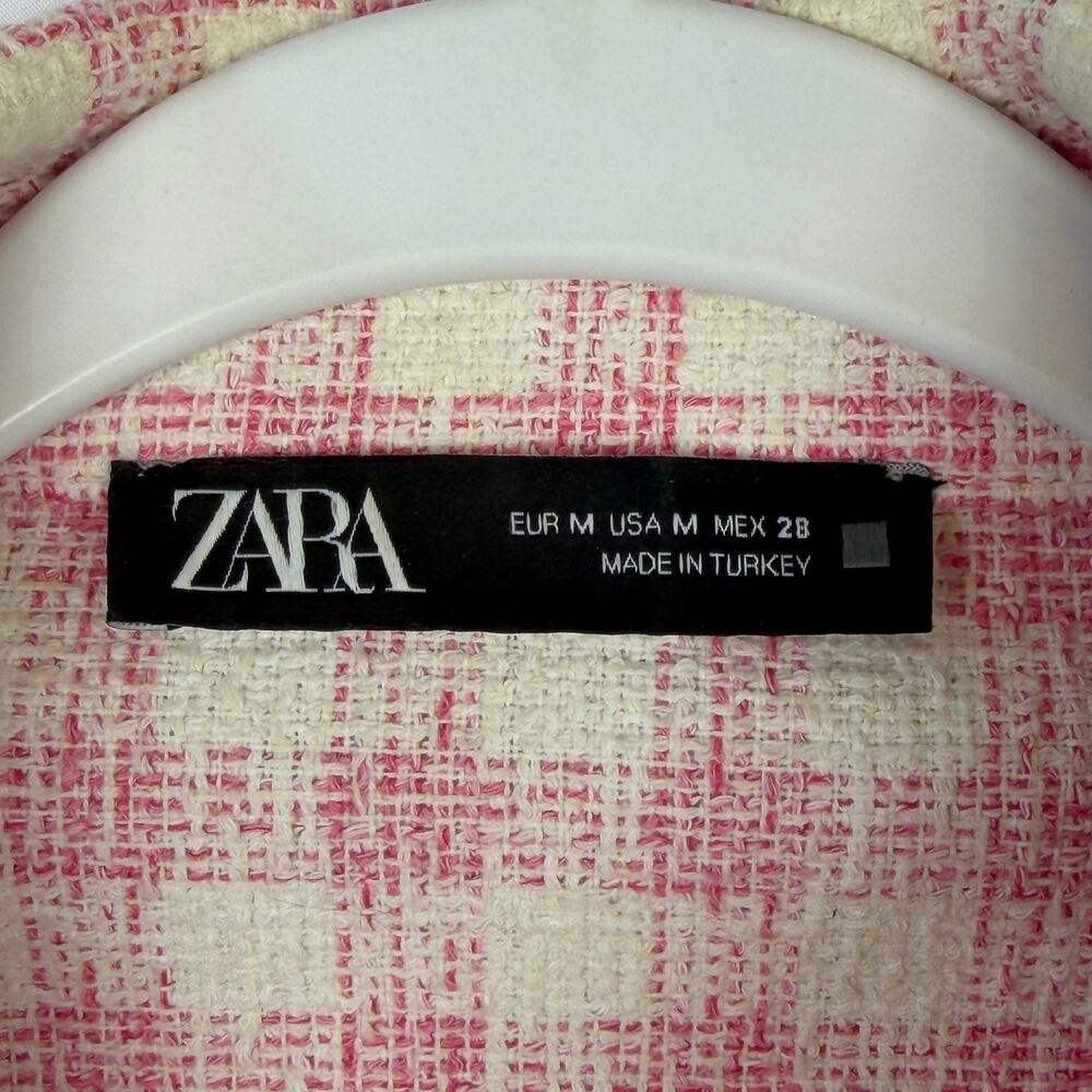 ZARA Plaid Check Tweed Cropped Jacket Women Size M Pink Textured Shacket - Picture 3 of 6